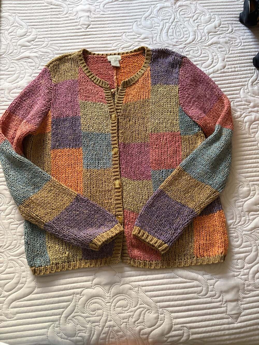 Vintage Sigrid Olsen Sport Boho Patchwork Grid Cardigan